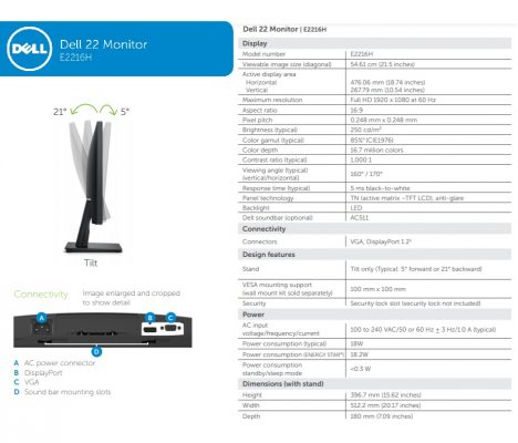 LCD 21.5” DELL E2216HV thông số kỹ thuật